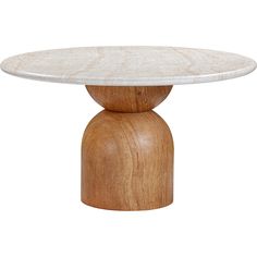 a round table with a wooden base and white marble on top, against a white background