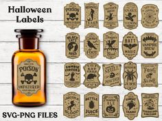 halloween labels and stickers are shown on a white wooden background, including an orange bottle with