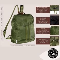 Introducing the Fall Olive Backpack - for the stylish girl on the go! Made of beautiful, easy-care nylon material, this minimalist design is perfect for carrying all your essentials without straining your shoulders or back. With adjustable canvas straps, side pocket, and secure closures, it's both practical and chic.🌻 Durable Green Nylon Backpack, Cheap Eco-friendly Backpack With Adjustable Strap, Coated Canvas Backpack With Zipper Closure For On-the-go, Outdoor Nylon Backpack With Anti-theft Pocket, Black Nylon Backpack With Anti-theft Pocket, Fall Accessories, Side Pocket, Accessories Earrings, Stylish Girl