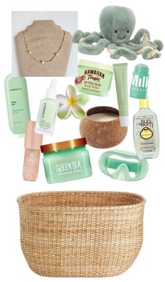 an assortment of personal care products and items in a wicker basket on a white background