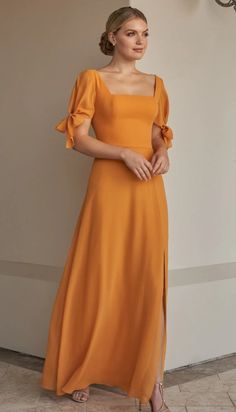 B2 B253003 Bridesmaid Dress | The Wedding Shoppe Rust Gown, Soft Skirt, Bridesmaid Dresses With Sleeves, Bridesmaid Dress Sizes, Gowns With Sleeves, A Line Gown, Square Necklines, Modest Dresses, Square Neckline