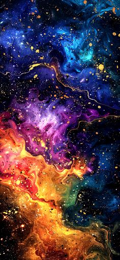 an abstract painting with lots of colors and bubbles in the air, as well as stars