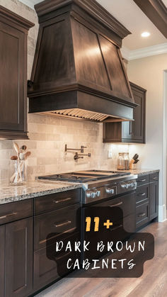 a kitchen with dark brown cabinets and an island in the middle is featured on this page