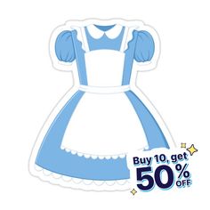 a blue and white dress with the words buy 10 get 50 % off on it