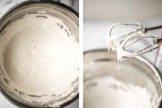 two pictures side by side one with white cream and the other with red whisk