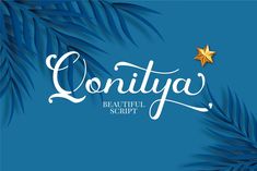 the words cortiya beautiful script on a blue background with palm leaves