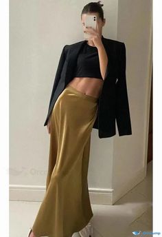 Orcajump - Sleek Silk Maxi Skirt with Asymmetrical Cut, High Waist, and Floor-Length Design - Ankle-Length Pencil Skirt with Figure-Hugging Fit Greece Summer, Silk Maxi Skirt, Asymmetrical Cut, Fishtail Skirt, Work Skirts, Silk Maxi, Skirt Fits, Types Of Skirts, Work Casual