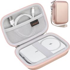 an open case holds two electronic devices and a charger for charging the device in