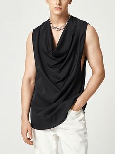 Mens Solid Cowl Neck Sleeveless Tank SKUJ55282 Black Vest Top For Summer, Black Summer Vest Top, Cowl Neck Shirt Outfit, Casual Black Sleeveless Blouse, Black Sleeveless Summer Vest, Black Summer Tank Vest, Black Sleeveless Vest Top, Sleeveless Turtleneck Outfit Men, Black V-neck Vest For Summer