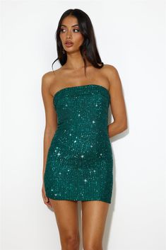 Length from shoulder to hem of size S: 67cm. Mini dress. Lined. Cold hand wash only. Model is a standard XS and is wearing size XS. True to size. Lightweight, stretchy sequinned fabric. Back zipper. Polyester/Spandex. Glitter in my eyes, glitter in the sky and you're shining just the way we like - to the MAX. Slay every night out event with this non-stop sparkle fest called a Sprinkle Of Magic. It is quite fantastical with its strapless design, a foldover neckline and a bodycon fit. Style yours with block heels and waves.