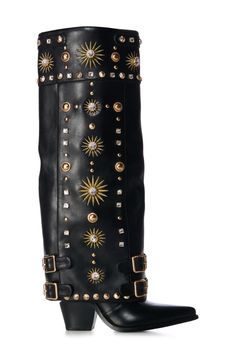 Sparkling crystals and goldtone studs amplify the bold, modern style of this over-the-knee boot. Side zip closure Synthetic upper, lining and sole Imported Asian & Pacific Islander Owned/Founded Gold And Black Boots, Unique Combat Boots, Cool Black Boots, Western Chic Fashion Dressy, Studded Clothes, Gold Boots Outfit, Disco Themed Party Outfit, Speakeasy Fashion, Black Dress With Boots