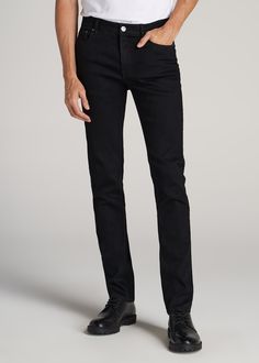 American-Tall-Men-Mens-Dylan-Slim-Fit-Jeans-Black-front Jeans Outfit Men, Black Jeans Outfit, Tall Men, Plain White Tee, Men In Black, Chino Jeans, Oxford Shirt, Tall Guys, Jeans Black