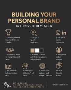 a black and gold poster with the words building your personal brand, 10 things to remember