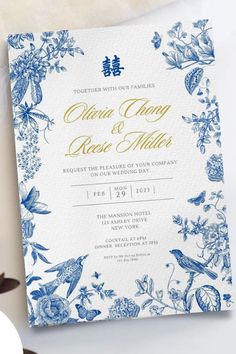 Blue Chinoiserie Wedding Invitation Card | Double Happiness Asian Chinese Wedding Invite 结婚请柬 Chinese Wedding Invitation Blue, Digital Wedding Invitation Card Design, Chinoiserie Graphic Design, Chinese Invitation Wedding, Blue Chinoiserie Wedding, Bilingual Wedding Invitation, Wedding Digital Invitations, Chinoiserie Wedding Invitation, Chinoiserie Invitation