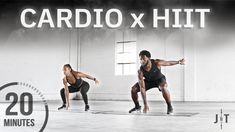 two women are doing exercises in front of the words cardio x hit