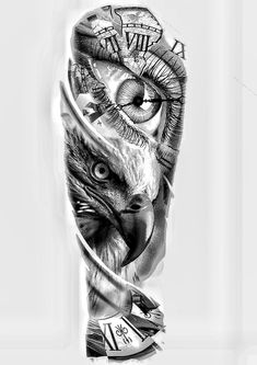 an eagle with a clock on its face is depicted in this artistic tattoo art piece