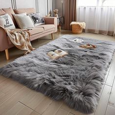 a living room filled with furniture and a gray rug