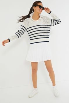 The White Stripe Mesh Fisher Sweater will keep you the perfect temperature this season. With a crochet mesh material and striped pattern, it’s light and breezy. Pair with a tennis dress or with a white tank and jeans for a night by the boardwalk. Rib collar Long sleeves Rib cuffs and hem Striped pattern Crochet mesh material Material: 100% Cotton Care: Machine wash cold with like colors, do not bleach, line dry, do not iron Career In Fashion, Career In Fashion Designing, Stripe Crochet, St Barths, The White Stripes, Crochet Fabric, Plus And Minus, Ink Blue, Marathons