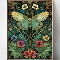 a painting of a butterfly with flowers on it's wings and leaves in the background