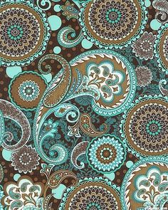 a brown and blue paisley print fabric with lots of different designs on it's sides