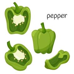 four green peppers with the word pepper written in white on top and below them are three different types of bell peppers