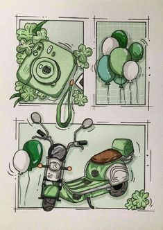 a green scooter with balloons and a pig on the back is shown in three separate pictures