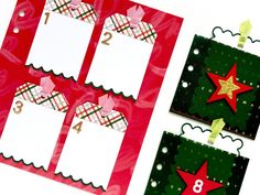 three red and green christmas tags with numbers on them