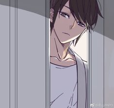 an anime character is peeking out from behind a wall with his head in the corner