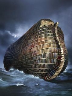 a large wooden structure floating in the ocean on top of waves and dark cloudy skies