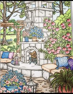 a drawing of a fireplace surrounded by flowers and potted plants in front of a clock tower