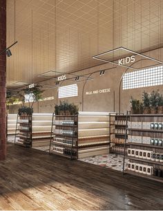 an artist's rendering of the inside of a store with shelves and planters