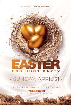 an easter egg hunt party flyer with gold eggs in a nest and daisies on the side