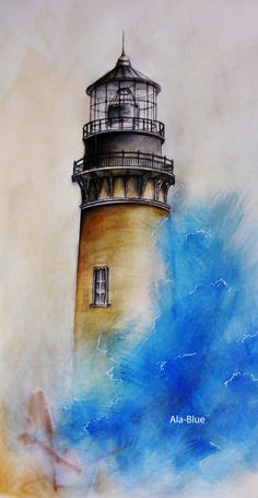 a painting of a light house with blue and yellow paint on the bottom half of it