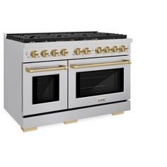 a white and gold stove with two ovens