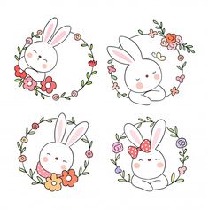 four cute rabbits with flowers and wreaths