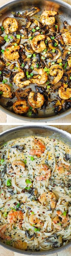 two images show the process of making shrimp and rice casserole in a skillet