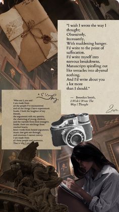 a collage of photos with an old fashioned camera and some writing on the paper