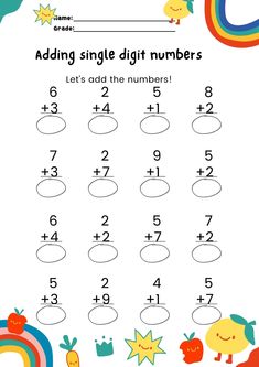 a printable worksheet for adding single digit numbers to the same number line