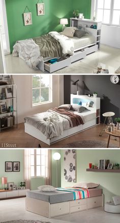 three different pictures of a bedroom with green walls and white furniture in the same room