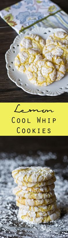 three cookies stacked on top of each other, with the words lemon cool whip cookies