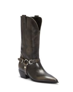 Moto meets Western in the Chelesa, a boot masterfully crafted in Italy. Styled with ring hardware and buckled straps, the calf-high, pull-on boot features a point toe and stacked leather heel. Now available in perfect-fit wide-calf sizing, its leather lining is breathable and pull tabs ensure easy on-off. Wear it with a pair of cropped cutoff jeans, a T-shirt and moto jacket for a tough-luxe look. Cutoff Jeans, Wide Calf Boots, Pull On Boots, Wide Calf, Espadrilles Wedges, Black Booties, Moto Jacket, Boot Shop, Fashion Flats