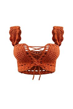 an orange cropped top with ruffles on the shoulders and two ties at the back