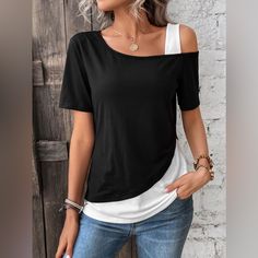 Features: Basic Style Sheer: Opaque Stretch: No Stretch Material Composition: 95% Polyester, 5% Spandex Care Instructions: Machine Wash Cold. Tumble Dry Low. Imported Asymmetrical Tops, Mode Inspiration, Basic Style, Look Chic, T Shirt Top, Contrasting Colors, Color Blocking, Sleeve Styles, Short Sleeves Tops