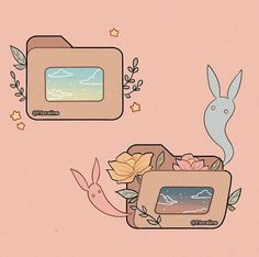 an image of a camera with flowers and rabbits on the screen, as well as another photo