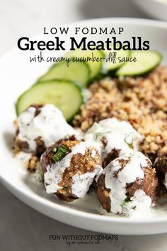 low fodmap greek meatballs with creamy cucumber sauce on a white plate