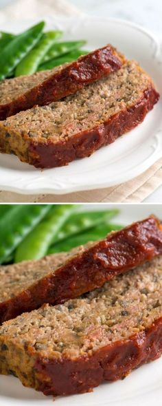 two pictures of meatloaf on a white plate with green beans in the background