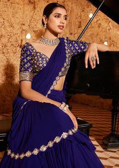 Narangi Barkha Purple Georgette Sequins Sari Set Mitali Raj, Drape Sari, Purple Drapes, Embroidery Detailing, Sequins Embroidery, Custom Tailoring, Embroidery Details, Embroidered Blouse, Asian Fashion