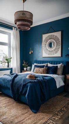 a bedroom with blue walls and a large bed in the middle, along with a rug on the floor