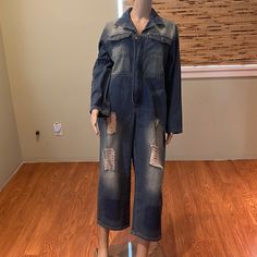 Boutique Distressed Short Jean Coveralls With Zipper Front Closure Size Xl Blue Cotton Zipper Closure Pockets 21" Armpit To Armpit 23" Sleeve 27" Rise 22" Inseam No Material Tags No Stretch New Never Worn Distressed Overalls For Fall, Blue Distressed Denim Overall Jumpsuit, Blue Distressed Denim Jumpsuit, Blue Distressed Denim Overalls, Distressed Blue Overalls, Tube Top Jumpsuit, Cream Jumpsuit, Capri Jumpsuit, Baggy Jumpsuit