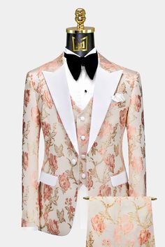 Rose Gold and White Tuxedo Rose Gold Wedding Tuxedo, Rose Gold Prom Suits For Men, Rose Gold Suit Men Wedding, Rose Gold And Brown Wedding Theme, Tuxedo For Men Wedding Rose Gold, Rose Gold Groomsmen Attire, Rose Gold Suit Men, Rose Gold Suit, Suits For Guys